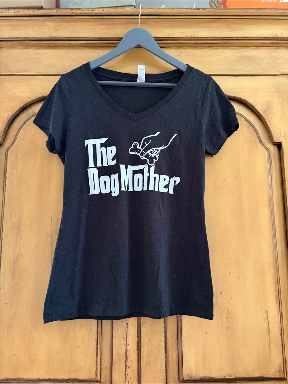 District Black V‑Neck Tee with White 'The DogMother' Graphic